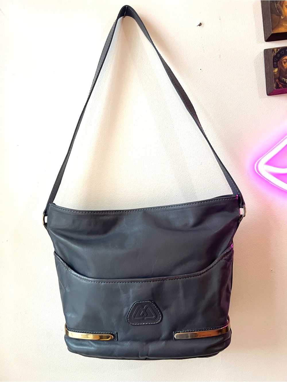 Vintage Mercau Grey Leather Women’s Shoulder Bag with Front Pocket